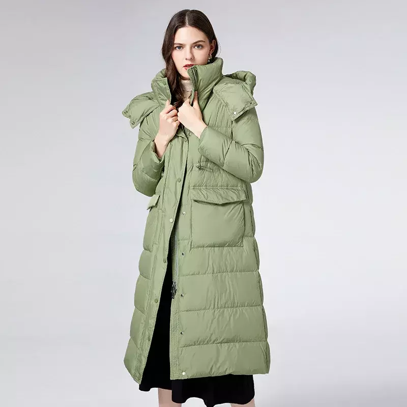 Новинка 2024, зимние женские теплые лыжные толстовки, пальто на белом утином пуху, высококачественные женские черные длинные ветрозащитные пальто