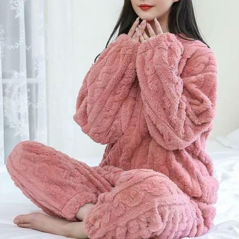 Conjunto pijama de pelúcia quente, pulôver e calça elegantes e confortáveis, pijamas de 2 peças, outono e inverno, 1 conjunto