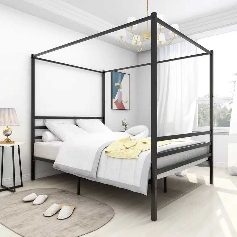 Metalowe łóżko z baldachimem w rozmiarze queen-size z materacem z zagłówkiem Platforma Foundationt Rama łóżka Metalowa listwa Czarna [US-W]