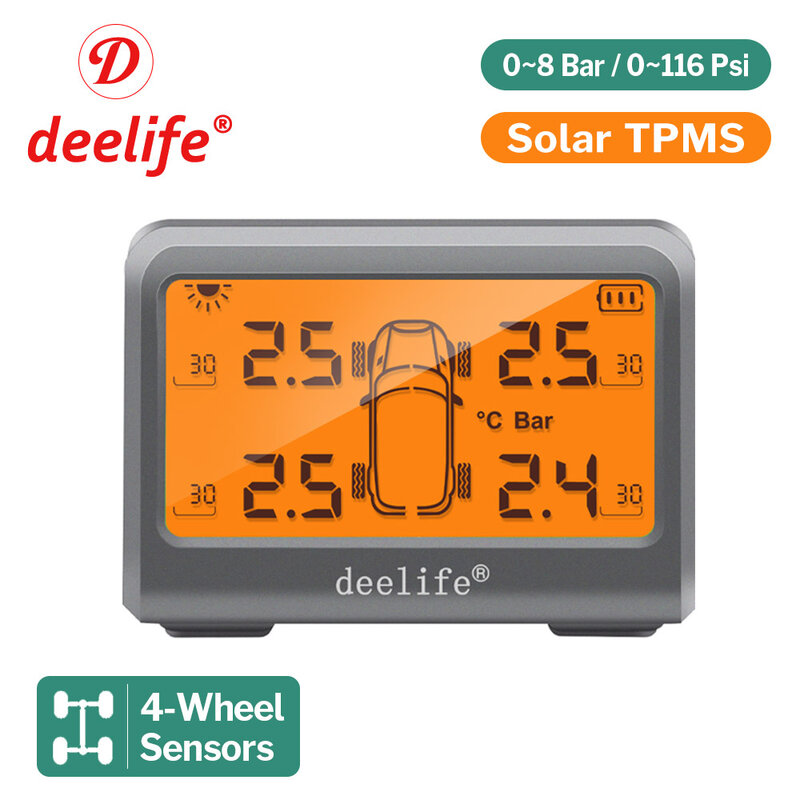 Deelife Solar TPMS Car Tire Pressure Monitoring System with 4 Wheel Tyre Battery Replaceable Internal External Sensors TMPS