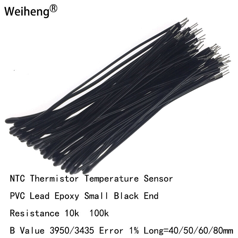 Termistor de plomo de PVC, epoxi, extremo negro pequeño, largo = 40/50/60/80mm, protección de batería 100 de precisión, 1 piezas, 10K, 3435 K, B3950/1% NTC