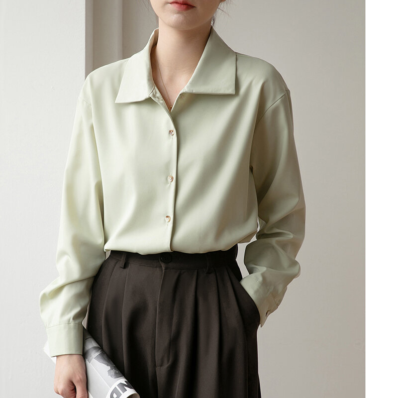 QOERLIN Quality Women's Business Casual Top Summer Long Sleeve Button Up Shirt Turn-Down Collar Chiffon Blouses Winkle Free Tops