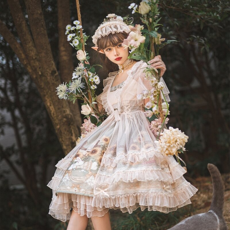 ญี่ปุ่นหวาน Kawaii Jsk Lolita ผู้หญิงวินเทจ Vintage Sunflower Story Jsk การ์ตูนฤดูร้อนโบว์สด Tea Party Dresses