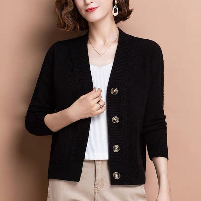 Women Knitted Cardigan Spring Autumn V Neck Button Closure Long Sleeves Solid Color Middle Age Ladies Coat Top Streetwear