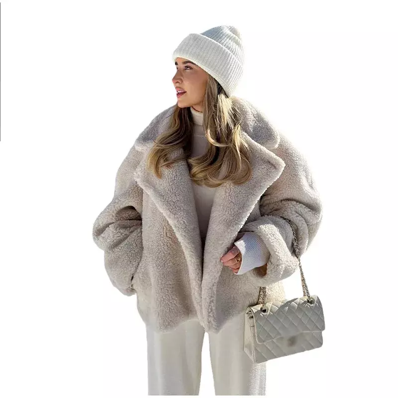Abrigo peludo de lana de cordero para mujer, chaqueta holgada de manga larga con cuello vuelto y bolsillos, moda de otoño e invierno, 2023