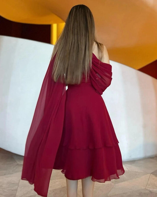 Burgundy Tiered Short Chiffon Prom Dresses One Shoulder Graduation Party Girls Wear Homecoming Cocktail Club Gowns