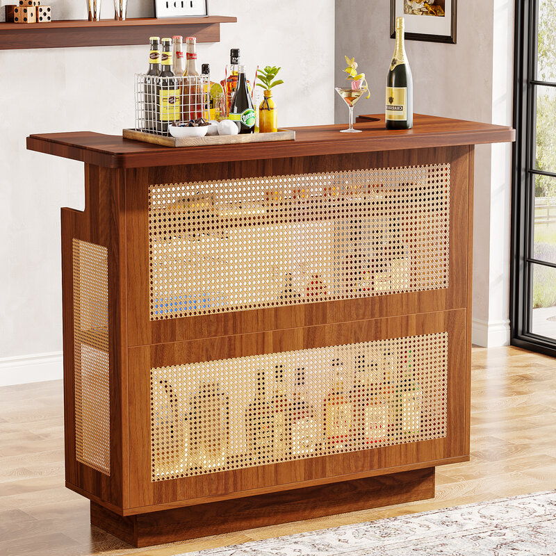 Rattan Home Bar Unit, quinta 4-Tier Bar Table com 4 Stemware Racks e base aumentada, Liquor Wine Cabinet