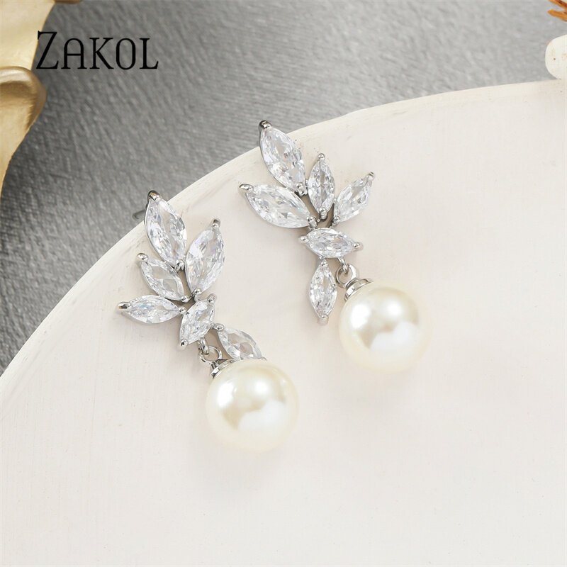 ZAKOL-pendientes de gota con perlas de imitación para mujer, aretes colgantes de hoja de circonia cúbica, joyería nupcial, moda coreana