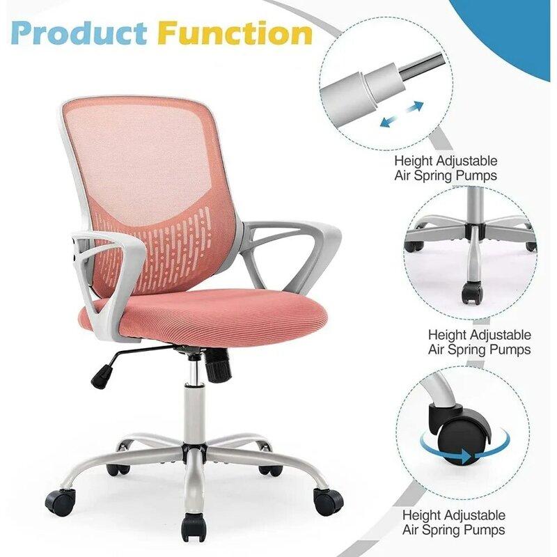 JIAN-Accoudoir ergonomique en maille rose, chaise d'ordinateur de direction avec coussin de siège en mousse souple et support lombaire
