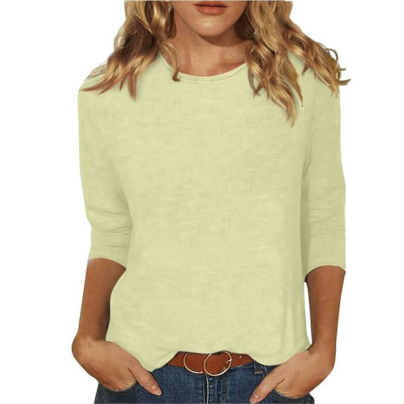 Camiseta feminina com gola redonda manga três quartos, tops de verão, camiseta estampa confortável, blusa multicolorida