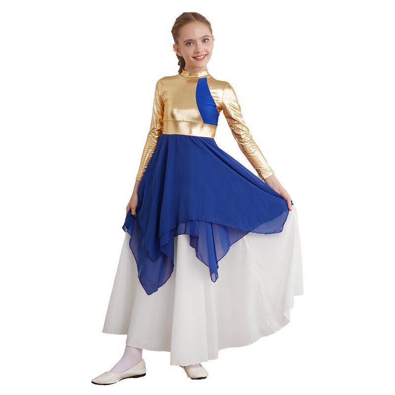 Vestido de baile lírico para niños y niñas, traje de manga larga, tela bronceada, empalme de gasa, Ballet, Rave, fiesta, escenario, actuación