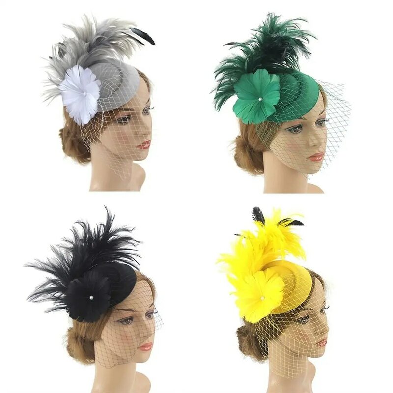 Aksesoris rambut wanita klip jala bulu hiasan kepala pesta fascinator topi bunga ikat kepala pernikahan