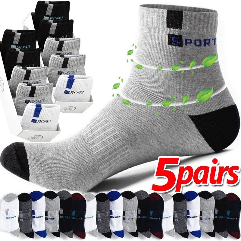 5 Pairs Mens Cotton Sock Fashion Mens Sneakers Soft High Elastic Middle Tube Stocking Summer Breathable Sports Running Socks