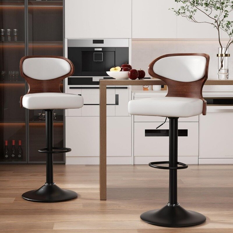 Bar Stools Set of 2 Seat Adjustable Height 24.5-33.5IN - Bentwood Swivel Barstools with Back & Footrest - PU Leather Upholstered