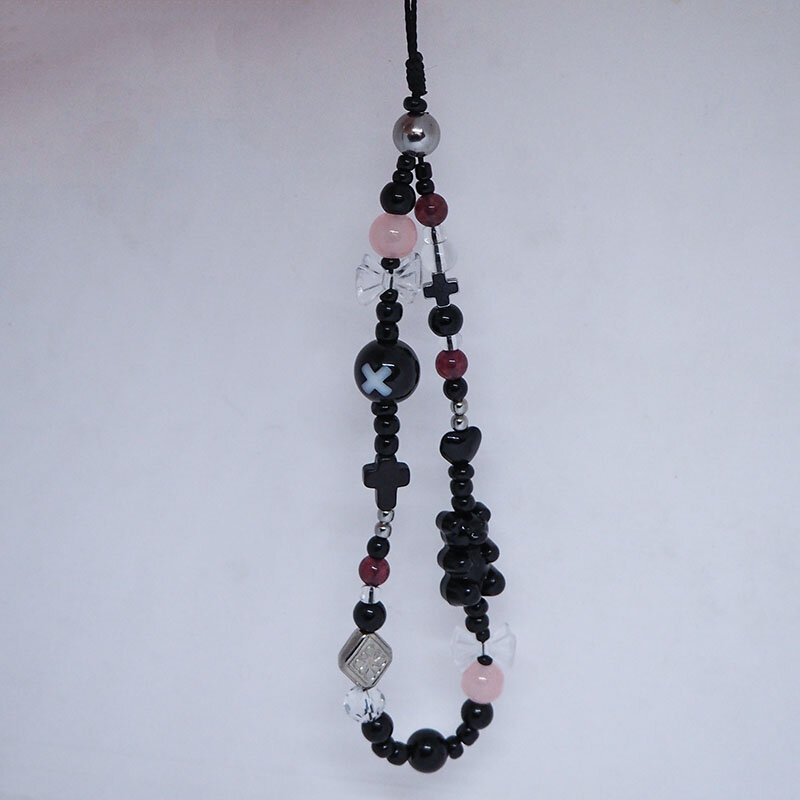 Arco Corrente de alça de charme para mulheres, urso preto, cruz de prata, pérolas de vidro rosa jóias, pingente bonito para menina, Y2K