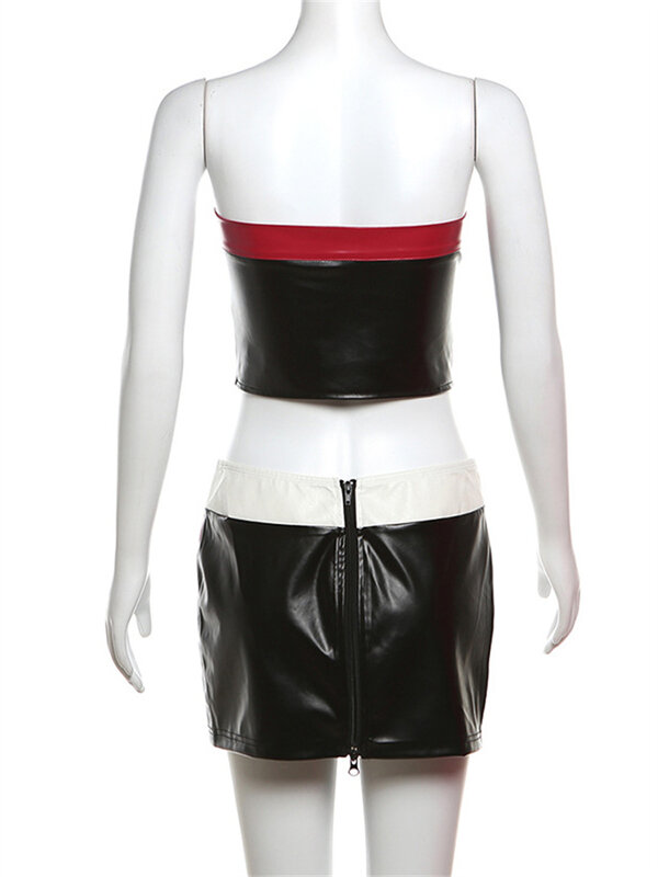 Simenual set pakaian klub wanita, 2 buah Pu imitasi jalanan tinggi seksi tanpa tali ritsleting atasan 90s Rave Bodycon rok Mini Punk Co