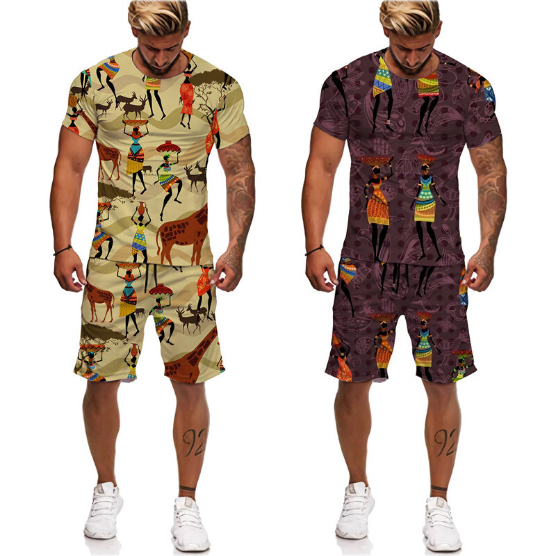 African Ethnic T-shirt Set Tracksuit Tribes 3D Printed Short Sleeve Pants 2 Piece Casual Suit Sportswear Oversized Men Clothing