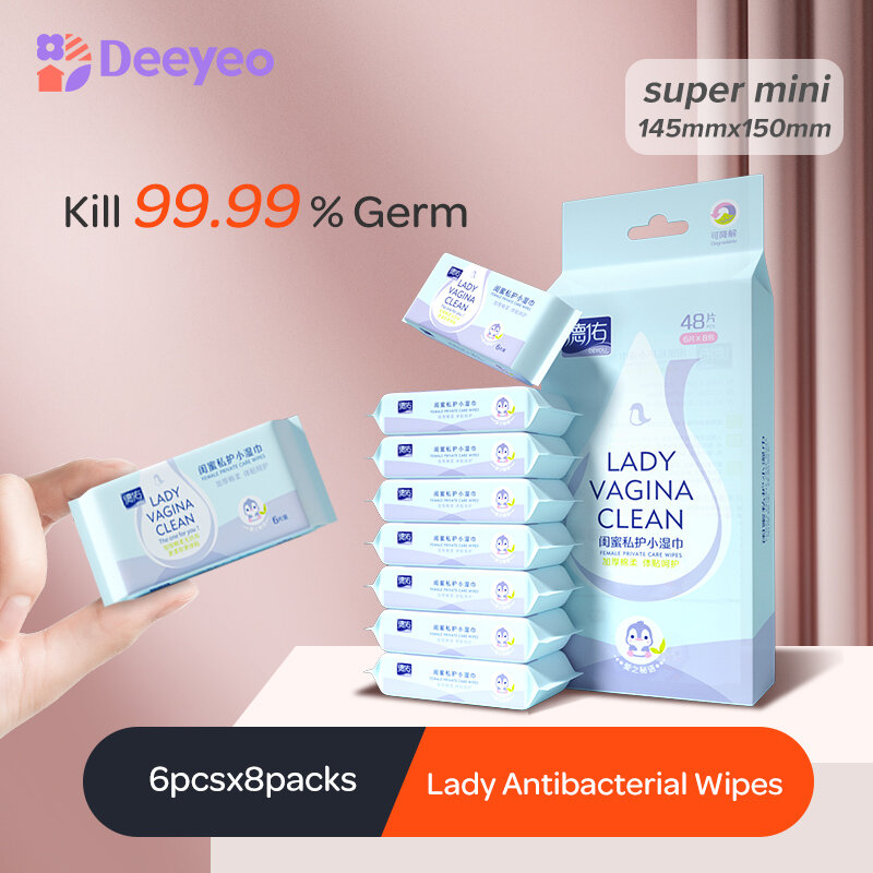 Deeyeo Lady ผ้าเช็ดทำความสะอาด Antibacterial Mini ทำความสะอาดเปียกเนื้อเยื่อแบบพกพา6piecesx8packs
