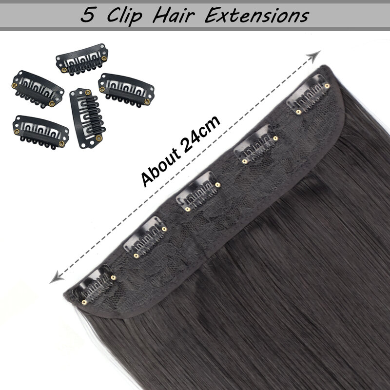 Sintéticos penteados retos longos, 5 Clip na extensão do cabelo, Hairpieces resistente ao calor, marrom preto, 22 "32"