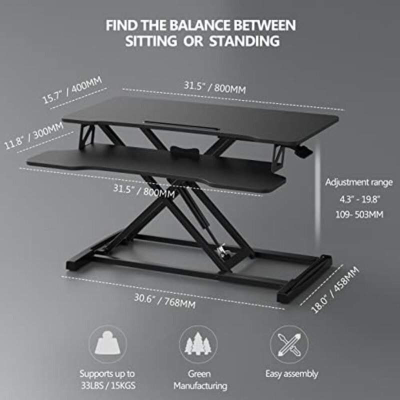 Height Adjustable Standing Desk 32” Wide Sit to Stand Converter Stand Up Desk Tabletop Workstation for Dual Monitor Riser