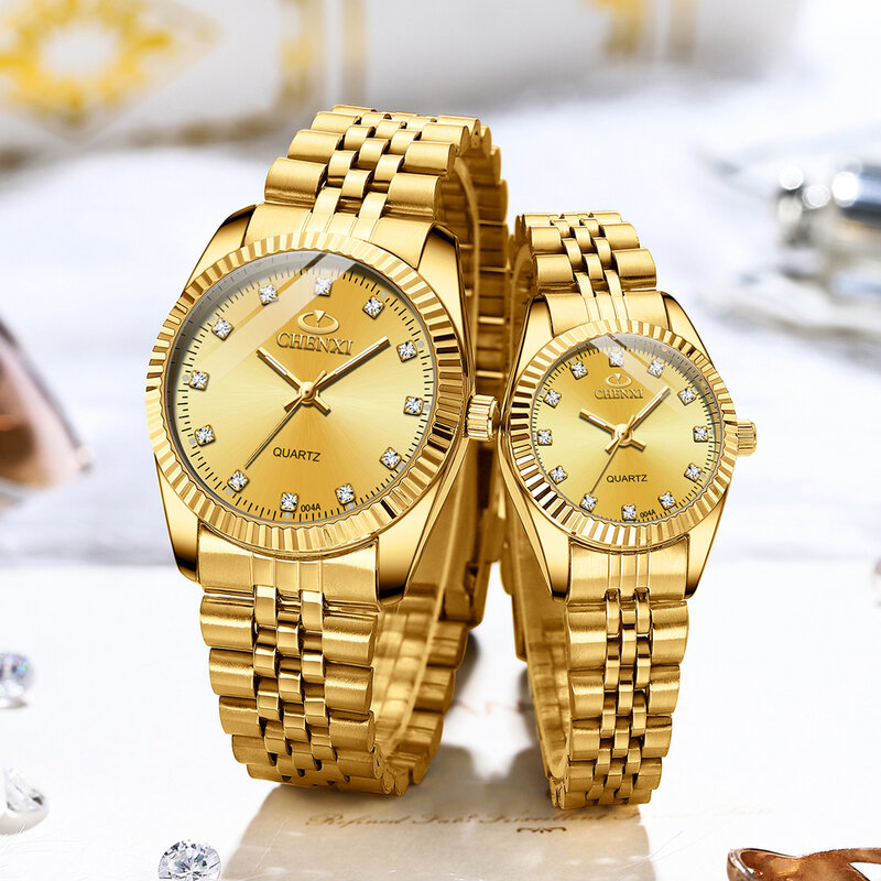 CHENXI jam tangan pasangan mewah jam tangan pasangan baja tahan karat mode emas jam tangan Quartz untuk wanita & Pria jam tangan Analog