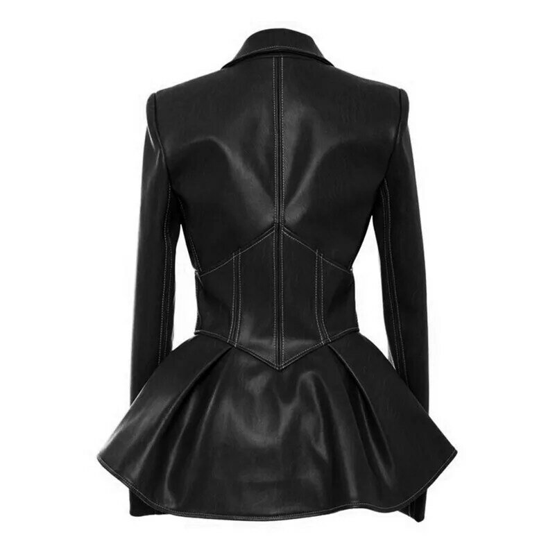 Chaqueta de cuero suave de imitación para mujer, abrigo informal con cuello vuelto, a media pierna, de Pu, estilo Punk, color negro, ideal para otoño, R499