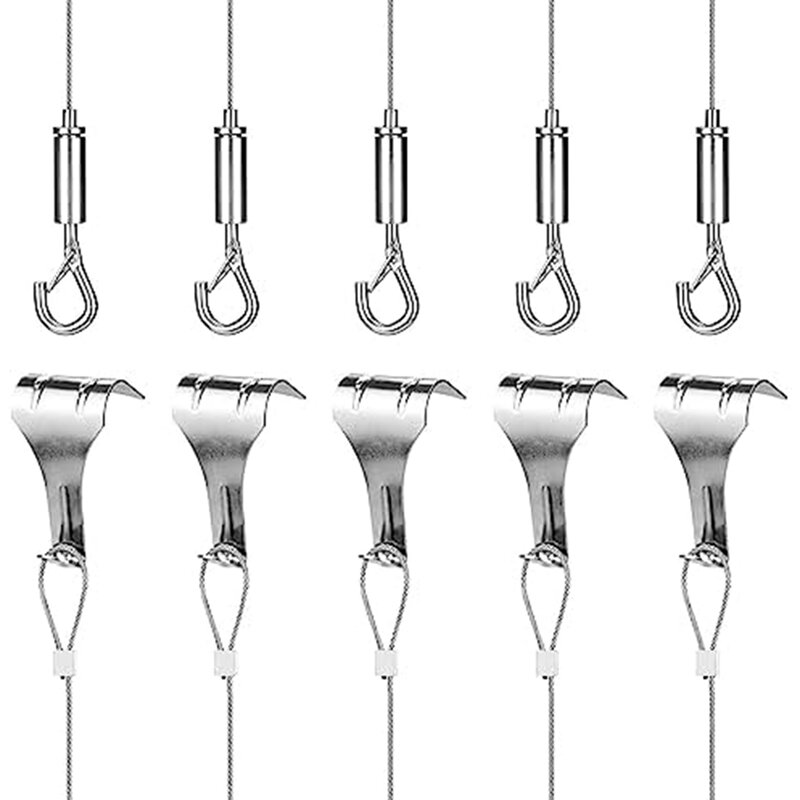 Imagem de aço inoxidável Hanging Wire Kit, gancho ajustável, trilho moldando gancho, fácil de usar, 2m X Φ 1.5mm, 5pcs