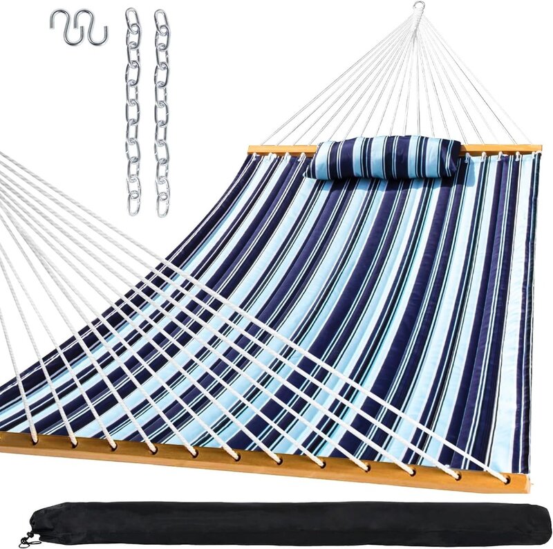 SZHLUX Outdoor Quilted Fabric Hammock with Spreader Bars and Detachable Pillow and Chains,Outdoor Patio Backyard Poolside