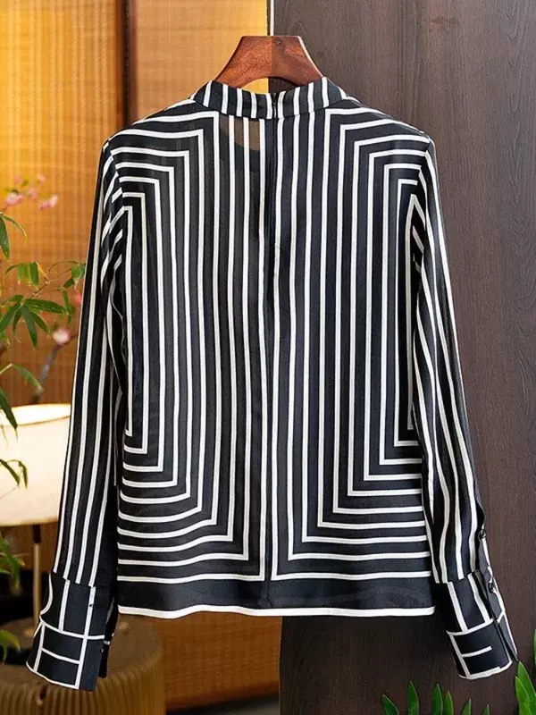 Summer Chiffon Shirt Women Zipper Top Casual Fashion Classic Striped Slimming O-Neck Long Sleeve Blouse