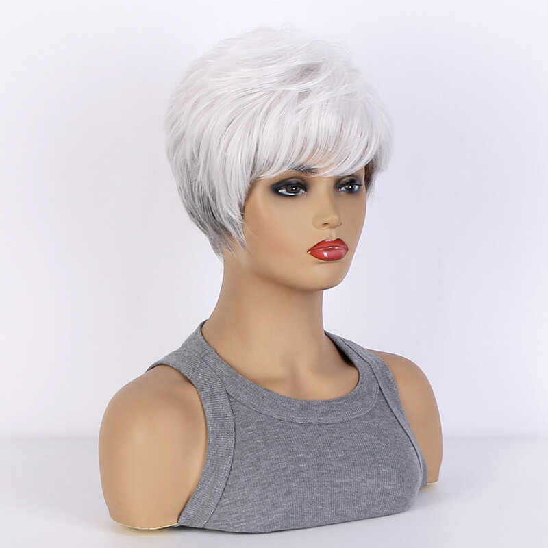 Wig untuk wanita Wig pendek sintetis dengan poni campuran Wig abu-abu putih penggunaan sehari-hari serat suhu tinggi rambut tahan panas