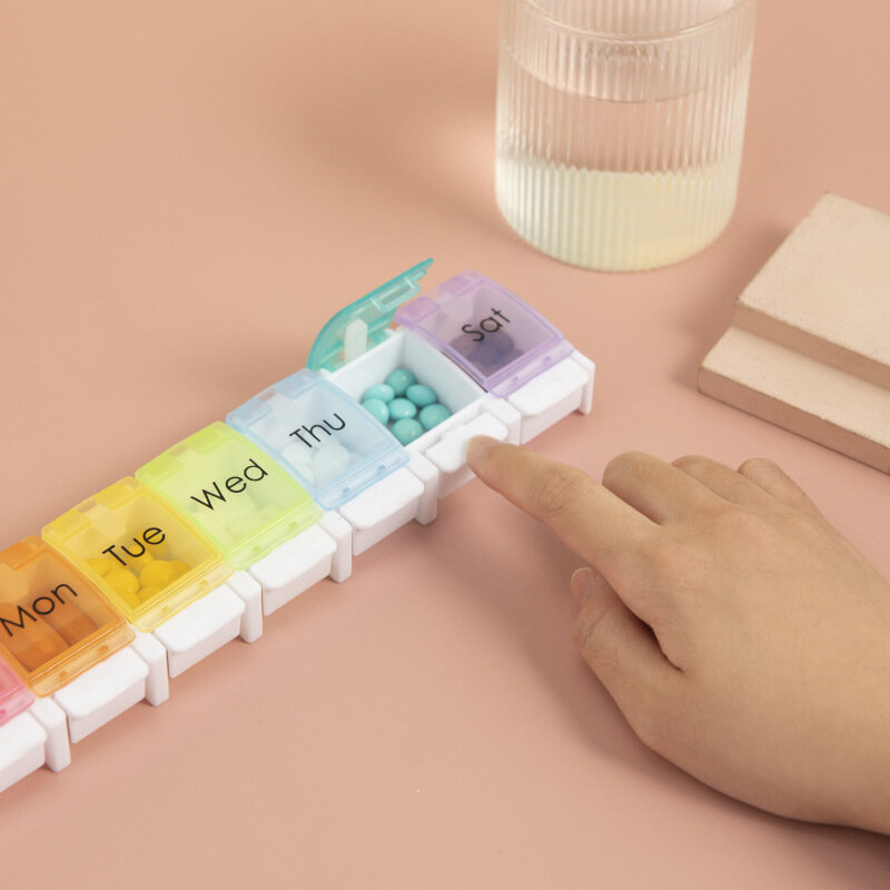 7 hari kotak pil mingguan wadah penyimpanan Tablet warna-warni untuk obat tombol wadah obat terbuka kotak pil Mini