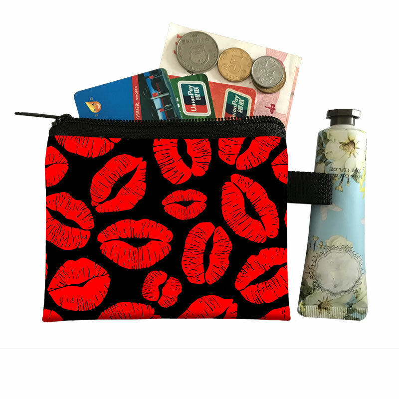 Bolsa da moeda da lona titular do cartão de crédito almofada sanitária bolsa cosméticos organizador sacos de armazenamento mulheres carteiras mini lábios impressão moeda saco
