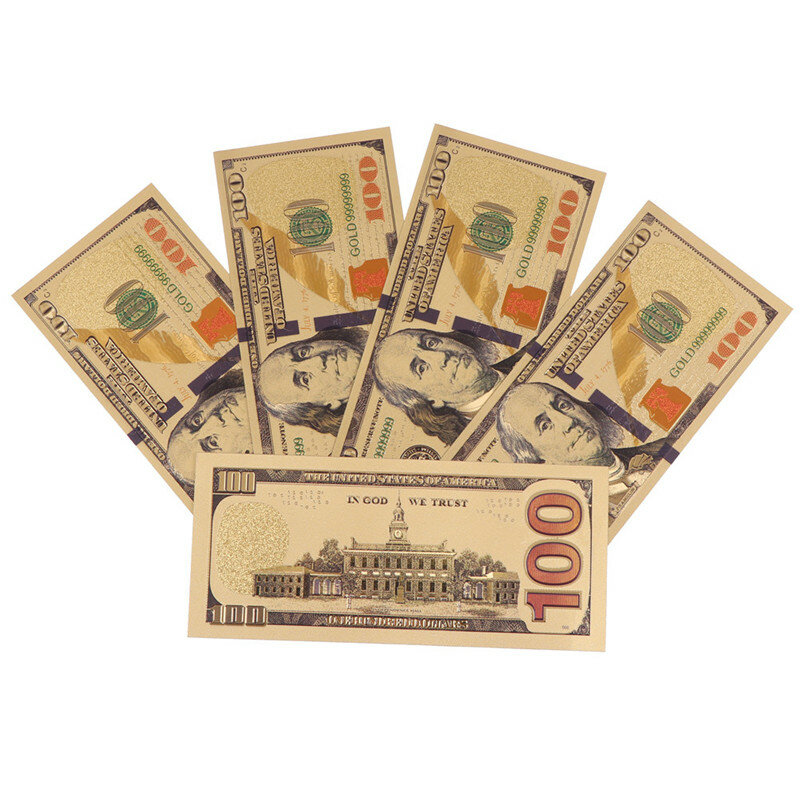 US $100 Dólar 24K Folha De Ouro, Dourado USD, Papel, Dinheiro, Notas, Artesanato, 5Pcs