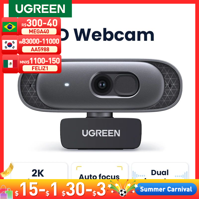 UGREEN-Mini Webcam USB para Computador Portátil, Câmera Web HD 2K, Microfones Duplos, Chamadas de Vídeo Zoom Youtube