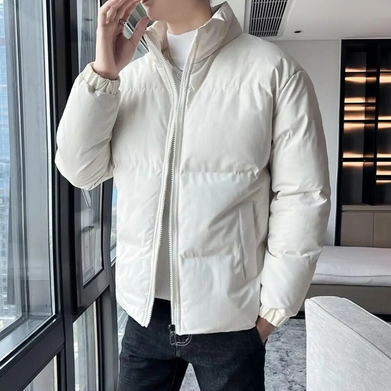 Winter Cotton Coat Thick Plush Padded Solid Color Long Sleeve Windproof Heat Retention Neck Protection Smooth Men Down Jacket