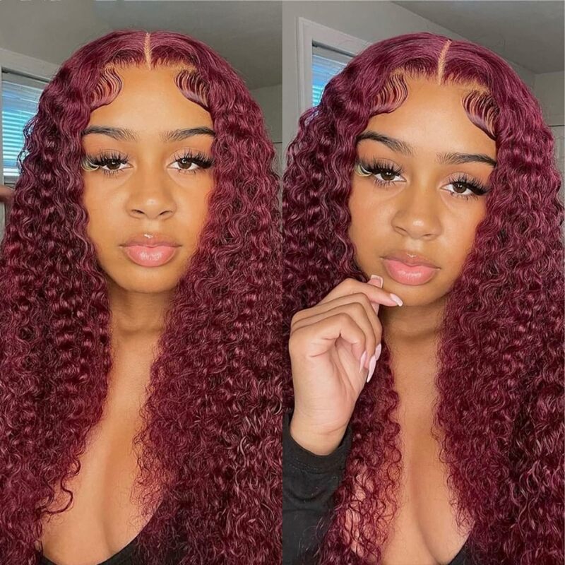 Burgundy Curly Lace Front Wig Human Hair 99J Deep Wave Brazilian Human Hair Lace Front Wigs Free Part with Baby Hair 180 Density