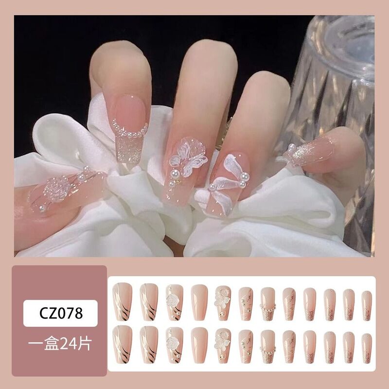 24pcs Nail Tips DIY Manicure Fake Nials Crystal White Flowers French False Nails LongBallerina