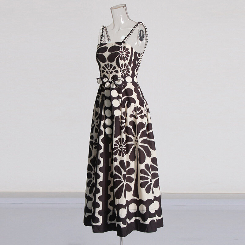 Женское платье средней длины, модное платье в стиле ретро, нишевое платье с завязкой на талии и волнистым принтом в горошек, лето 2024