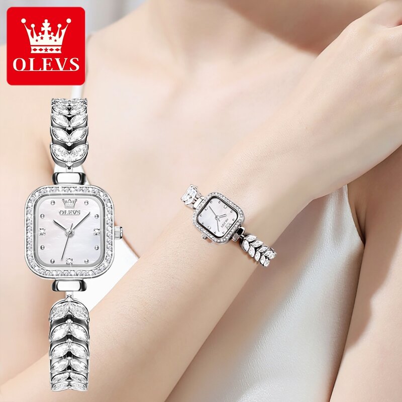 OLEVS jam tangan wanita, gelang perak kotak Stainless Steel tahan air berlian kristal kuarsa