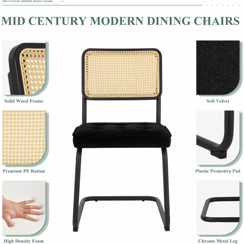 Mid Century Modern Dining Chairs Set of 4, Velvet Rattan Dining Room Kitchen Side Chairs w/ Upholstered Seat & Metal Chrome Legs