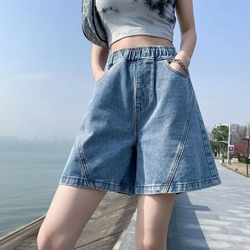 2024 Spring/Summer Korean Edition New Large Size Denim Shorts A-line Wide Leg Loose High Waist Slim Women's Shorts