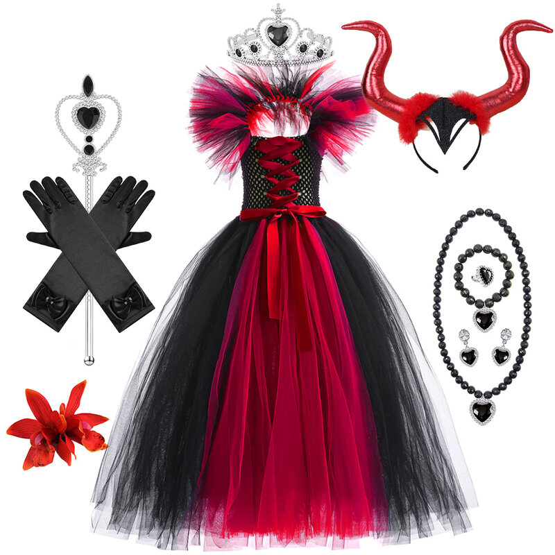 女の子の邪悪な女王のチュチュールドレス、子供のコスプレ衣装、ハロウィーンのパーティードレス、プリンセスの衣装、カーニバルの服、魔女のドレス