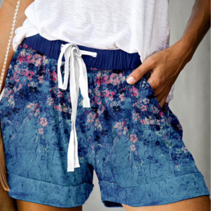 Women 2024 Elastic Waistband Pockets Summer Shorts Wide Leg Floral Print Drawstring Loose Shorts Streetwear