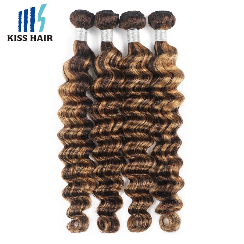 Gelombang dalam P4/27 bundel rambut manusia sorot coklat pirang campuran ekstensi rambut Brasil bergelombang pakan ganda 1/3/4 buah