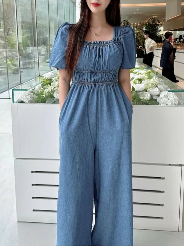Macacão jeans de gola quadrada feminino, macacão plissado feminino, longo, perna larga, solto, estilo coreano, moda verão