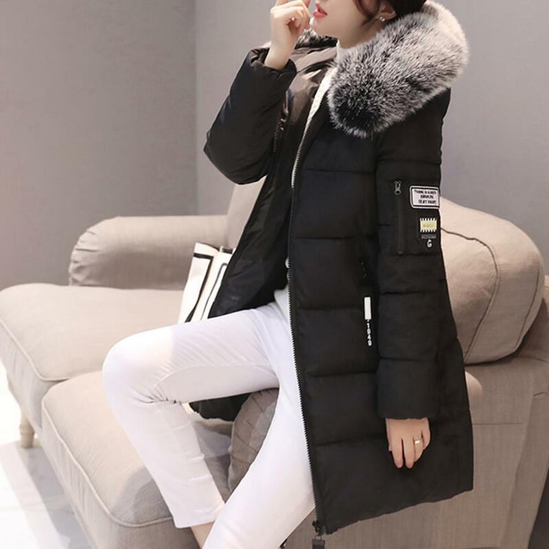 Women Winter Cotton Coat Thickened Padded Hooded Mid Length Warm Long Sleeve Windproof Solid Color Slim Fit Women Down Coat