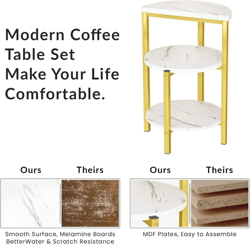 Juego de mesa de sala de estar, Semicírculo de mármol falso moderno, mesa de extremo redondo y 2 mesas rectangulares de sofá/lateral/FINAL, mesa de centro