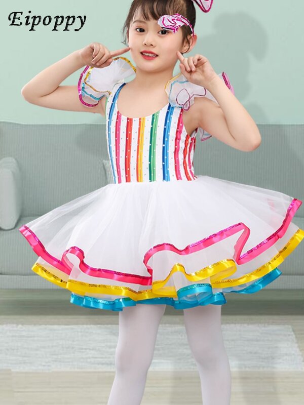 Traje de dança infantil colorido lantejoulas princesa saia de tule, bonito desempenho para meninas, jardim de infância meninas