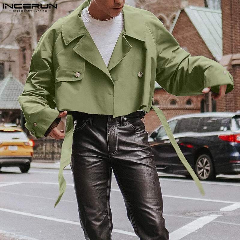 INCERUN-chaquetas de manga larga con solapa para hombre, ropa de calle de Color sólido, abrigos cortos, chaquetas informales sueltas con cinturón, S-5XL, 2023