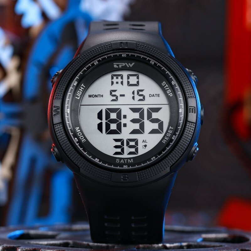 Tpw Oversized 53Mm Digitaal Horloge Voor Mannelijke 5atm Zwemkalender